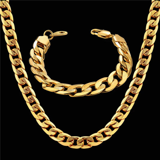 Degli uomini delle Donne Dubai Set di Gioielli di Colore Dell'oro Dell'acciaio inossidabile del Braccialetto Della Collana Set Hiphop Curb Cubano di Spessore Catena Dei Monili del Commercio All'ingrosso