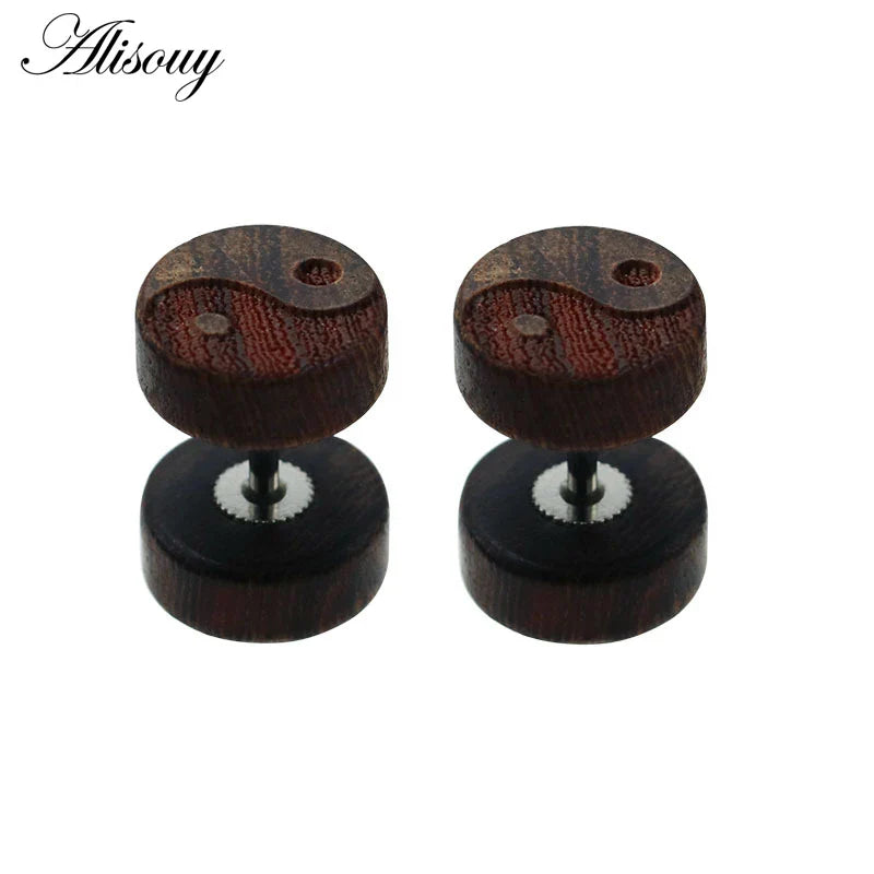 Alisouy 2PC Moda Orecchini a bottone in legno Orecchini Marrone naturale Nero 8 10 12mm Punk Bilanciere Tappi per le orecchie finti Brincos per le donne degli uomini