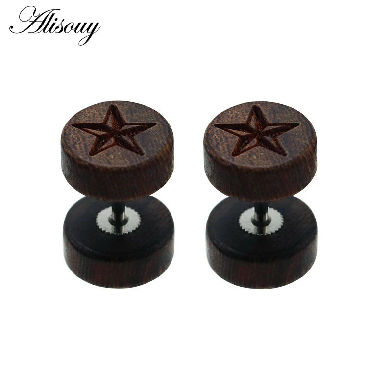 Alisouy 2PC Moda Orecchini a bottone in legno Orecchini Marrone naturale Nero 8 10 12mm Punk Bilanciere Tappi per le orecchie finti Brincos per le donne degli uomini