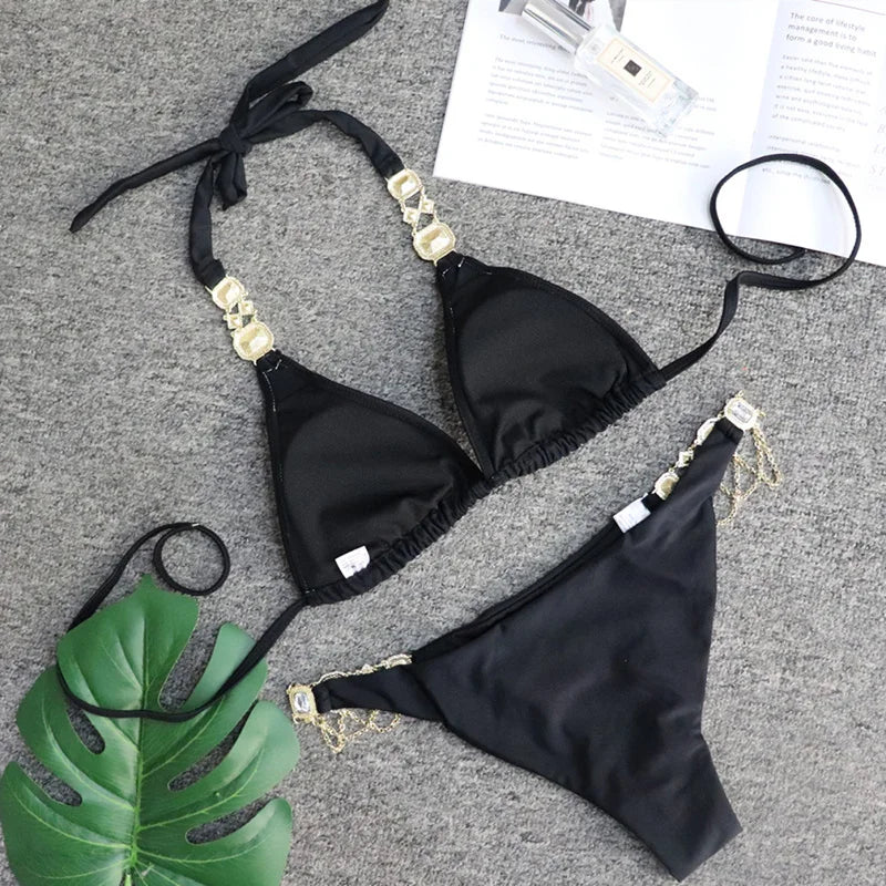 Catene di metallo con scollo all'americana Strass Diamante Bikini Costume da bagno donna Costumi da bagno femminili Due pezzi Bikini set Costume da bagno brasiliano Swim