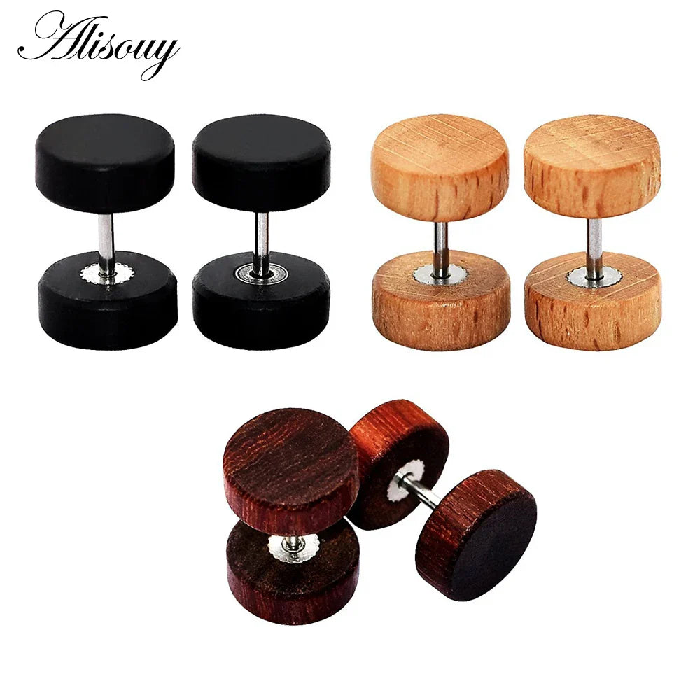 Alisouy 2PC Moda Orecchini a bottone in legno Orecchini Marrone naturale Nero 8 10 12mm Punk Bilanciere Tappi per le orecchie finti Brincos per le donne degli uomini