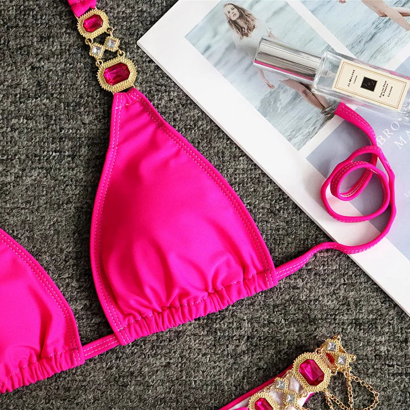Catene di metallo con scollo all'americana Strass Diamante Bikini Costume da bagno donna Costumi da bagno femminili Due pezzi Bikini set Costume da bagno brasiliano Swim