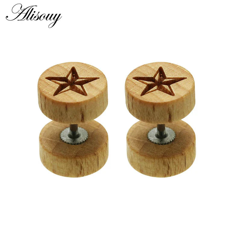 Alisouy 2PC Moda Orecchini a bottone in legno Orecchini Marrone naturale Nero 8 10 12mm Punk Bilanciere Tappi per le orecchie finti Brincos per le donne degli uomini