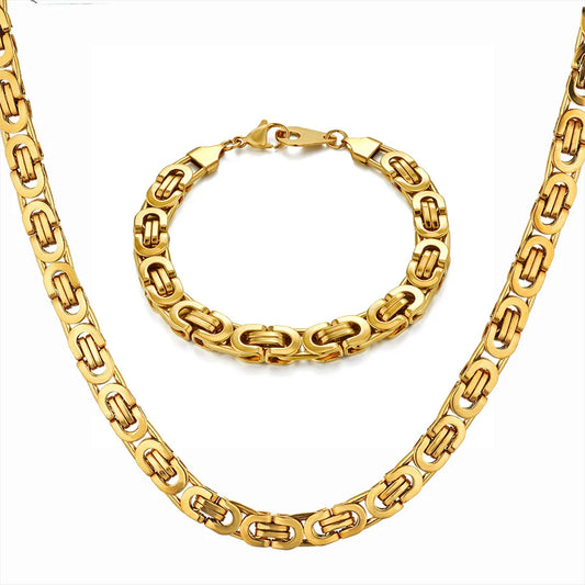 Set di catene a scatola bizantina Hip Hop Set di gioielli in acciaio inossidabile massiccio color oro per uomo / donna 2019 Vendita calda Collana e bracciale RU