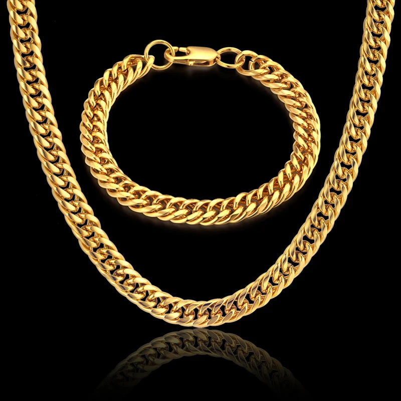 Set di gioielli da uomo Color oro acciaio inossidabile Miami Curb Cuban Link Chain bracciale collana Set Punk Hip Hop gioielli regalo maschile