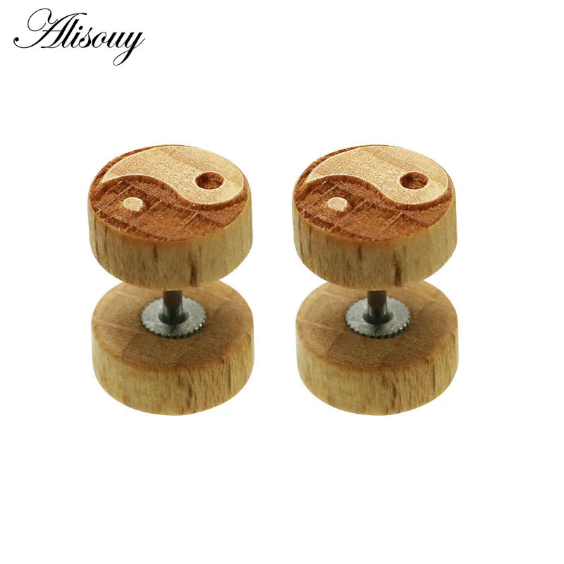 Alisouy 2PC Moda Orecchini a bottone in legno Orecchini Marrone naturale Nero 8 10 12mm Punk Bilanciere Tappi per le orecchie finti Brincos per le donne degli uomini