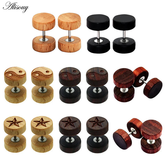 Alisouy 2PC Moda Orecchini a bottone in legno Orecchini Marrone naturale Nero 8 10 12mm Punk Bilanciere Tappi per le orecchie finti Brincos per le donne degli uomini