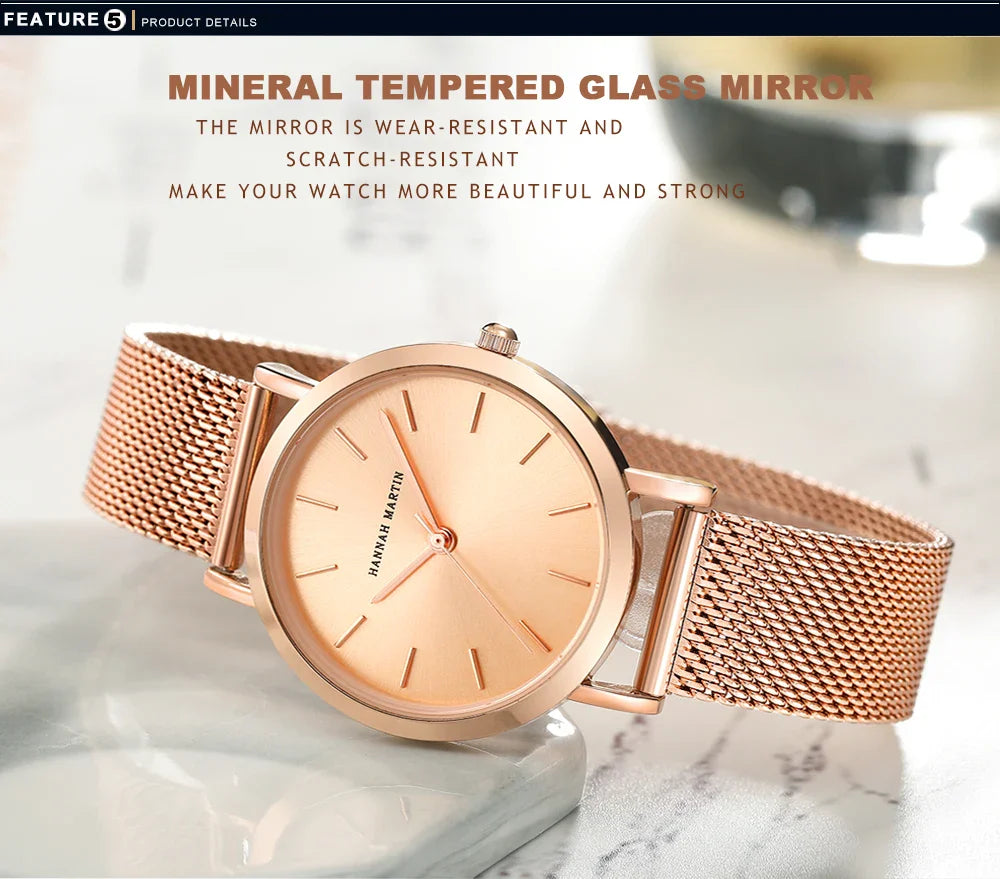 HANNAH MARTIN Movimento al quarzo giapponese in acciaio inossidabile di qualità del marchio Orologio Dropshipping da donna impermeabile da 36 mm in oro rosa completo