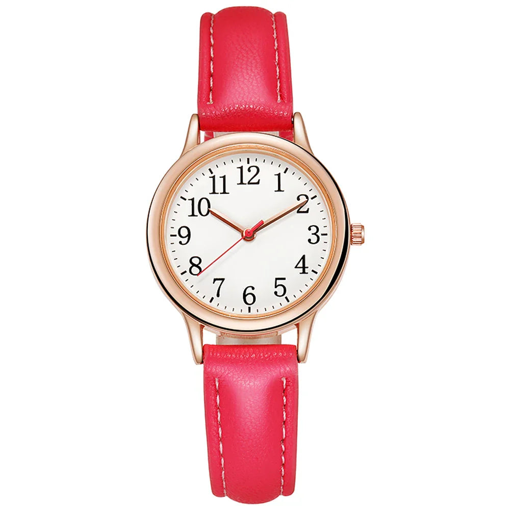 Orologio al quarzo da donna alla moda per il tempo libero, numeri arabi facili da leggere, quadrante semplice, cinturino in pelle PU, colore caramella