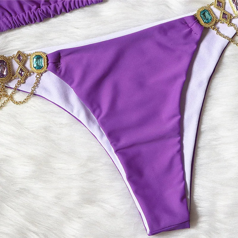 Catene di metallo con scollo all'americana Strass Diamante Bikini Costume da bagno donna Costumi da bagno femminili Due pezzi Bikini set Costume da bagno brasiliano Swim