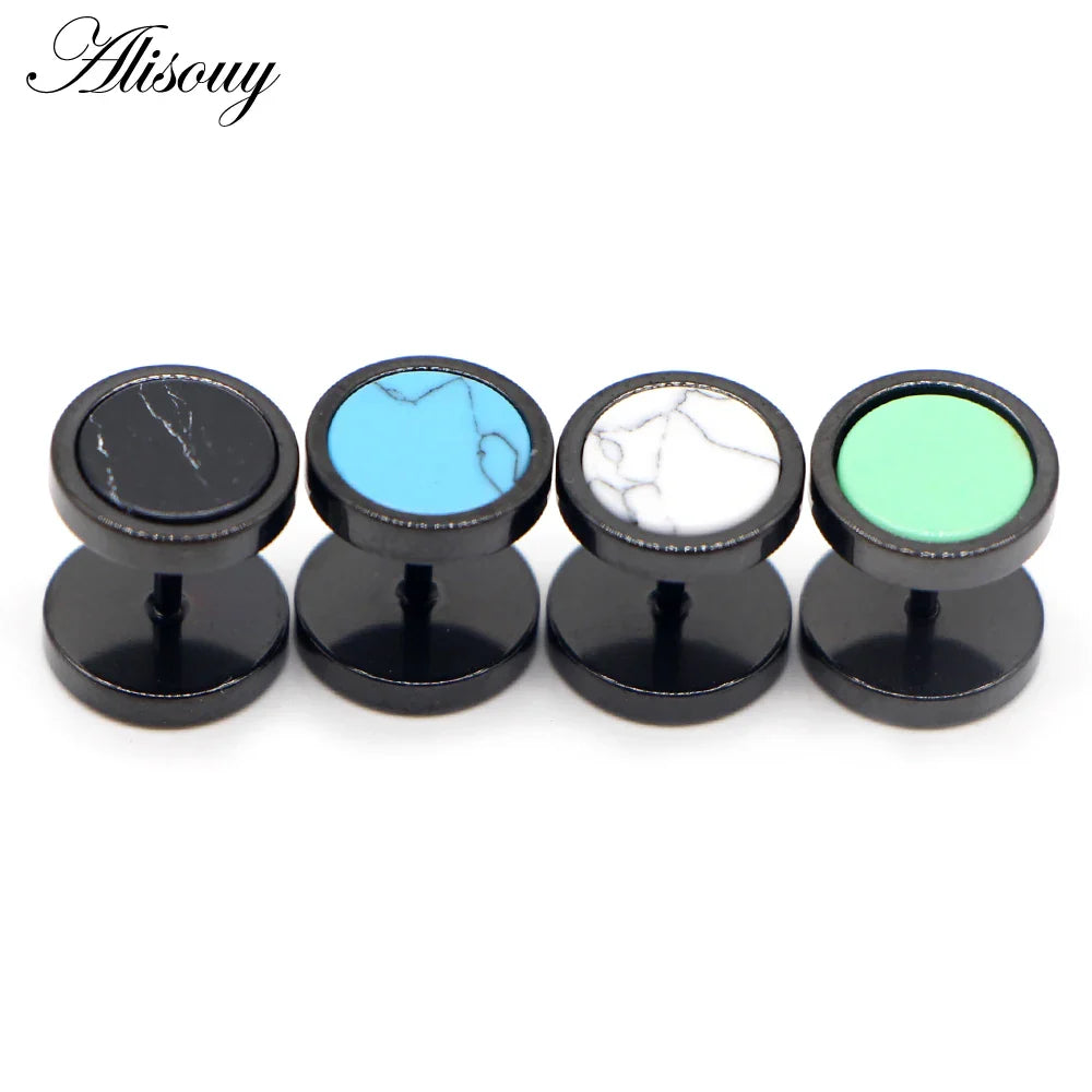 Alisouy 2 pz Acciaio Inossidabile Double Sided Rotondo Pietra Manubri Uomo Donna Vite Stud Bilanciere Orecchini Penetranti Spina per L'orecchio Finto