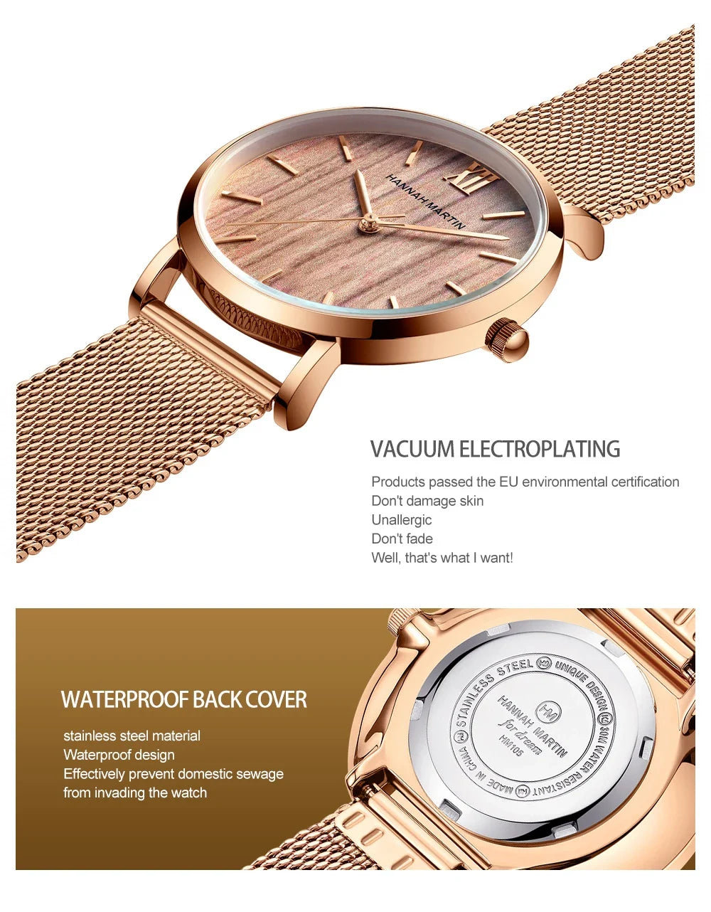 HANNAH MARTIN Movimento al quarzo giapponese in acciaio inossidabile di qualità del marchio Orologio Dropshipping da donna impermeabile da 36 mm in oro rosa completo