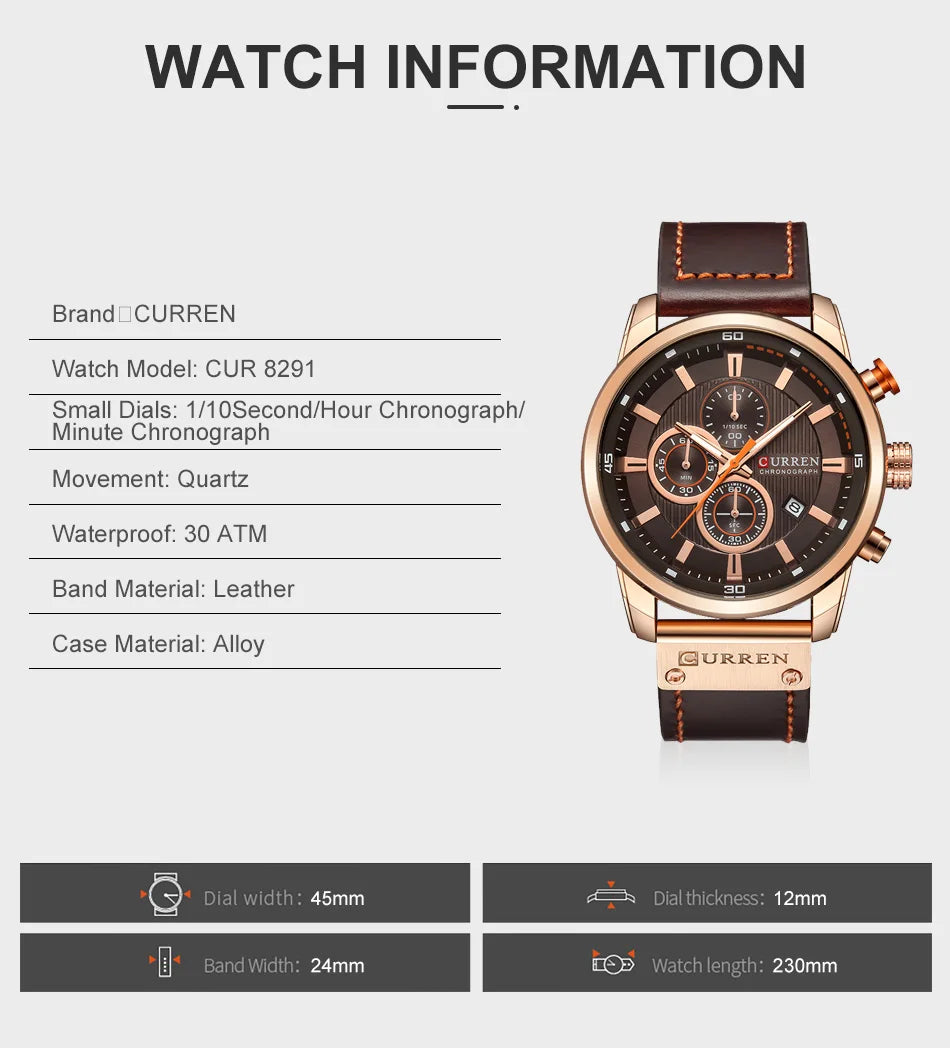 CURREN orologio da uomo in pelle orologi sportivi da uomo esercito militare orologio da polso al quarzo cronografo orologio maschile Relogio Masculino