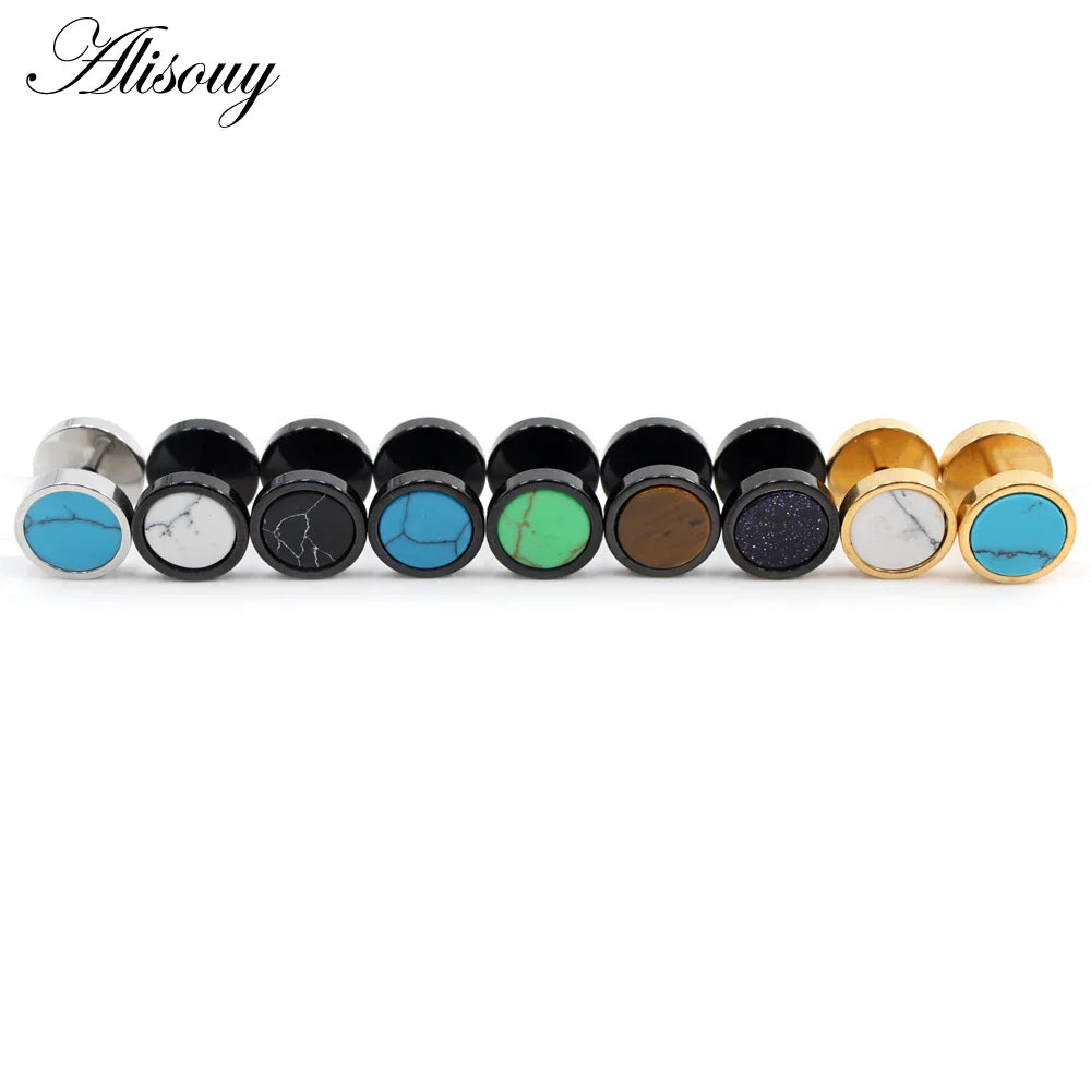 Alisouy 2 pz Acciaio Inossidabile Double Sided Rotondo Pietra Manubri Uomo Donna Vite Stud Bilanciere Orecchini Penetranti Spina per L'orecchio Finto