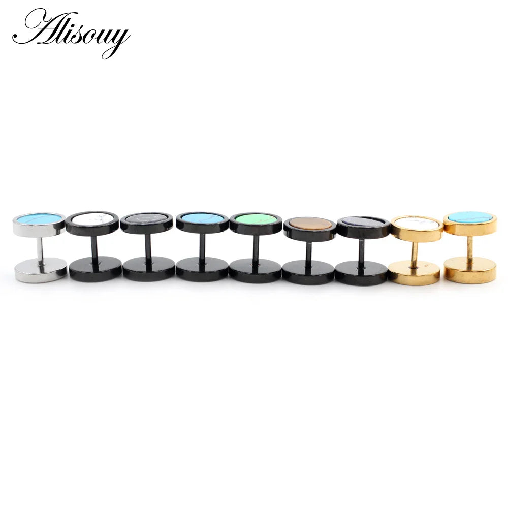 Alisouy 2 pz Acciaio Inossidabile Double Sided Rotondo Pietra Manubri Uomo Donna Vite Stud Bilanciere Orecchini Penetranti Spina per L'orecchio Finto