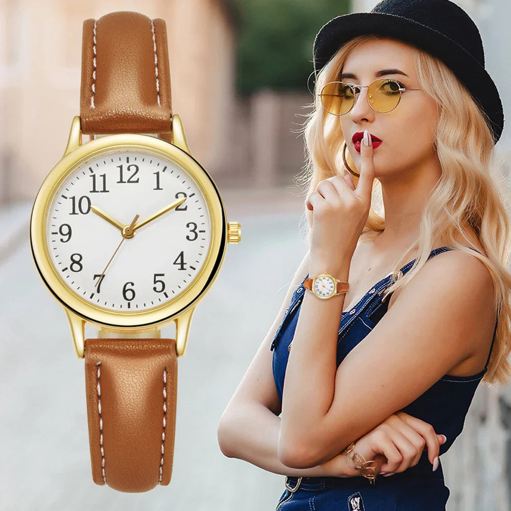Orologio al quarzo da donna alla moda per il tempo libero, numeri arabi facili da leggere, quadrante semplice, cinturino in pelle PU, colore caramella