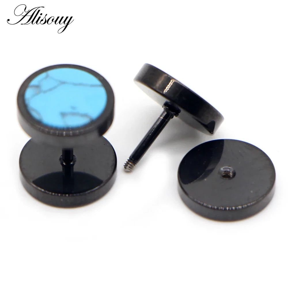 Alisouy 2 pz Acciaio Inossidabile Double Sided Rotondo Pietra Manubri Uomo Donna Vite Stud Bilanciere Orecchini Penetranti Spina per L'orecchio Finto