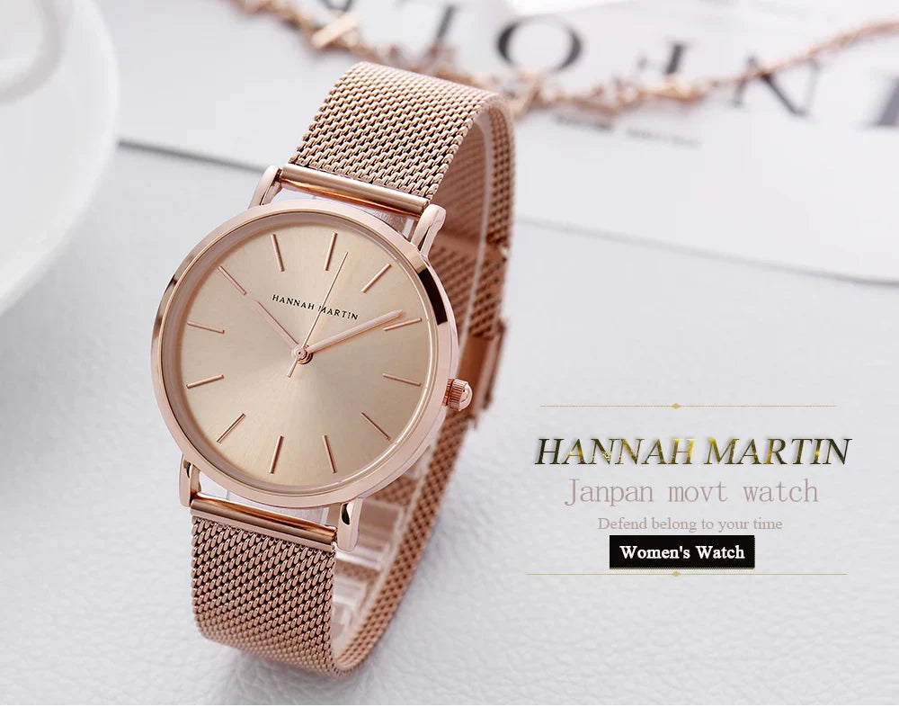 HANNAH MARTIN Movimento al quarzo giapponese in acciaio inossidabile di qualità del marchio Orologio Dropshipping da donna impermeabile da 36 mm in oro rosa completo