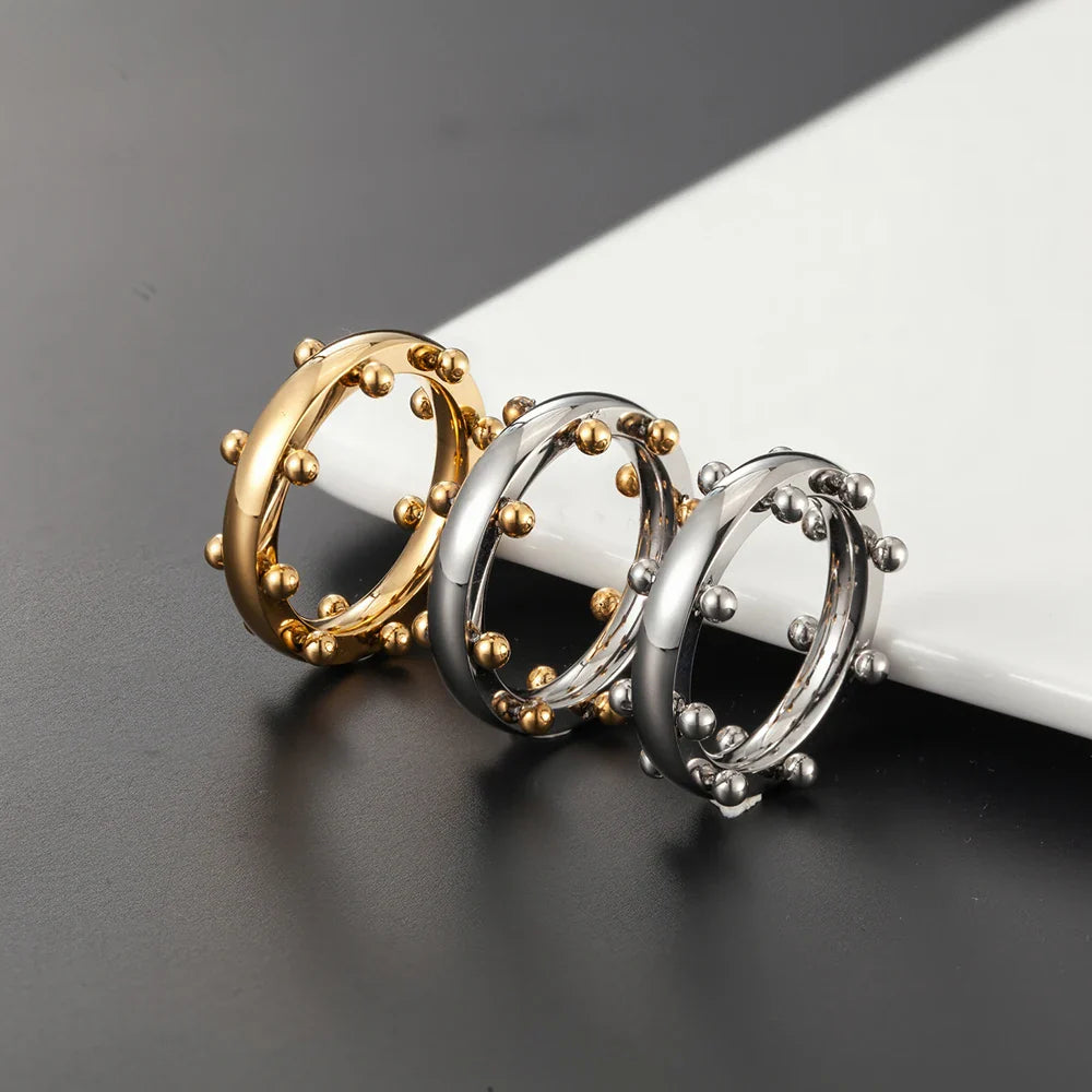 Set di gioielli di lusso Bracciale rigido in acciaio inossidabile Anello da dito Orecchini a cerchio con mini sfere per regali di gioielli di moda da donna