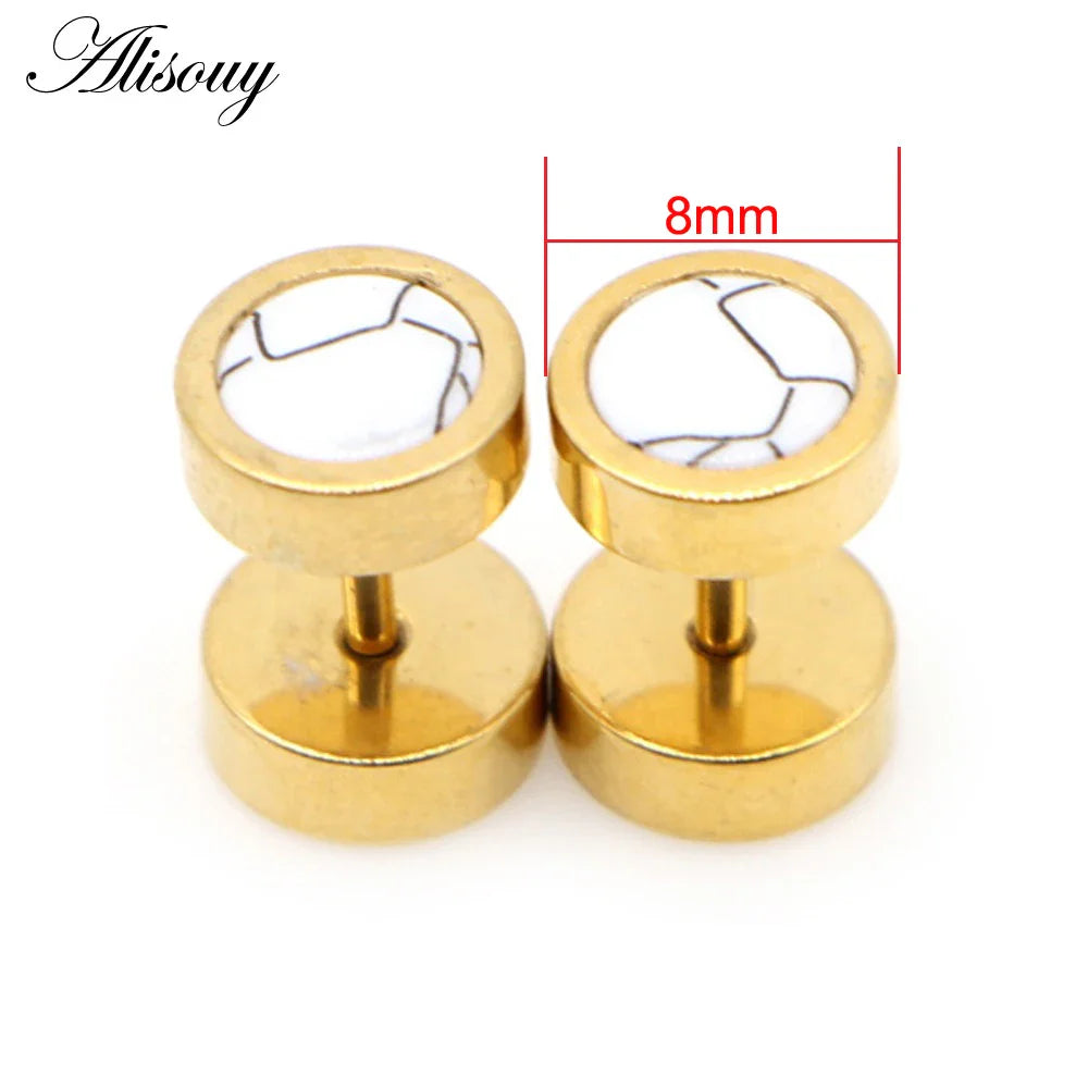 Alisouy 2 pz Acciaio Inossidabile Double Sided Rotondo Pietra Manubri Uomo Donna Vite Stud Bilanciere Orecchini Penetranti Spina per L'orecchio Finto