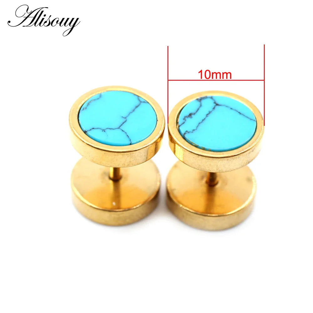 Alisouy 2 pz Acciaio Inossidabile Double Sided Rotondo Pietra Manubri Uomo Donna Vite Stud Bilanciere Orecchini Penetranti Spina per L'orecchio Finto