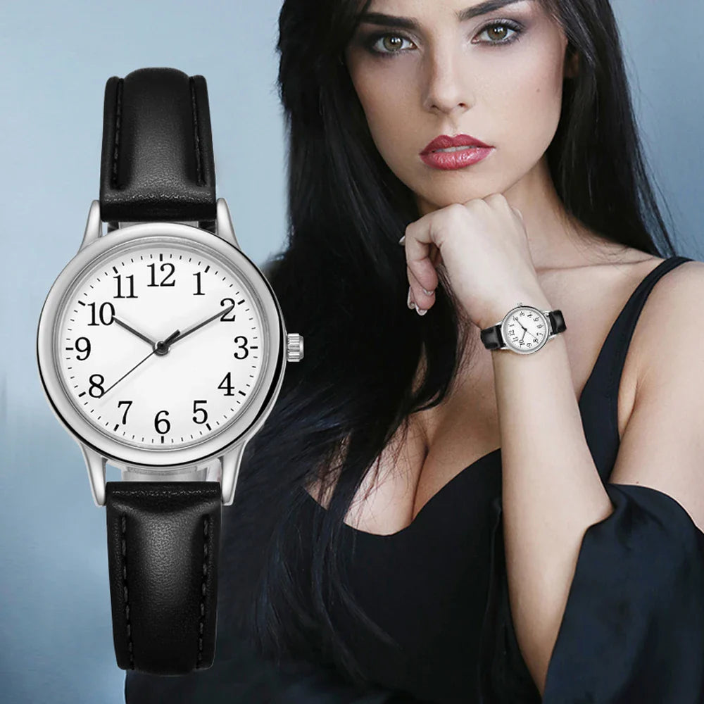 Orologio al quarzo da donna alla moda per il tempo libero, numeri arabi facili da leggere, quadrante semplice, cinturino in pelle PU, colore caramella