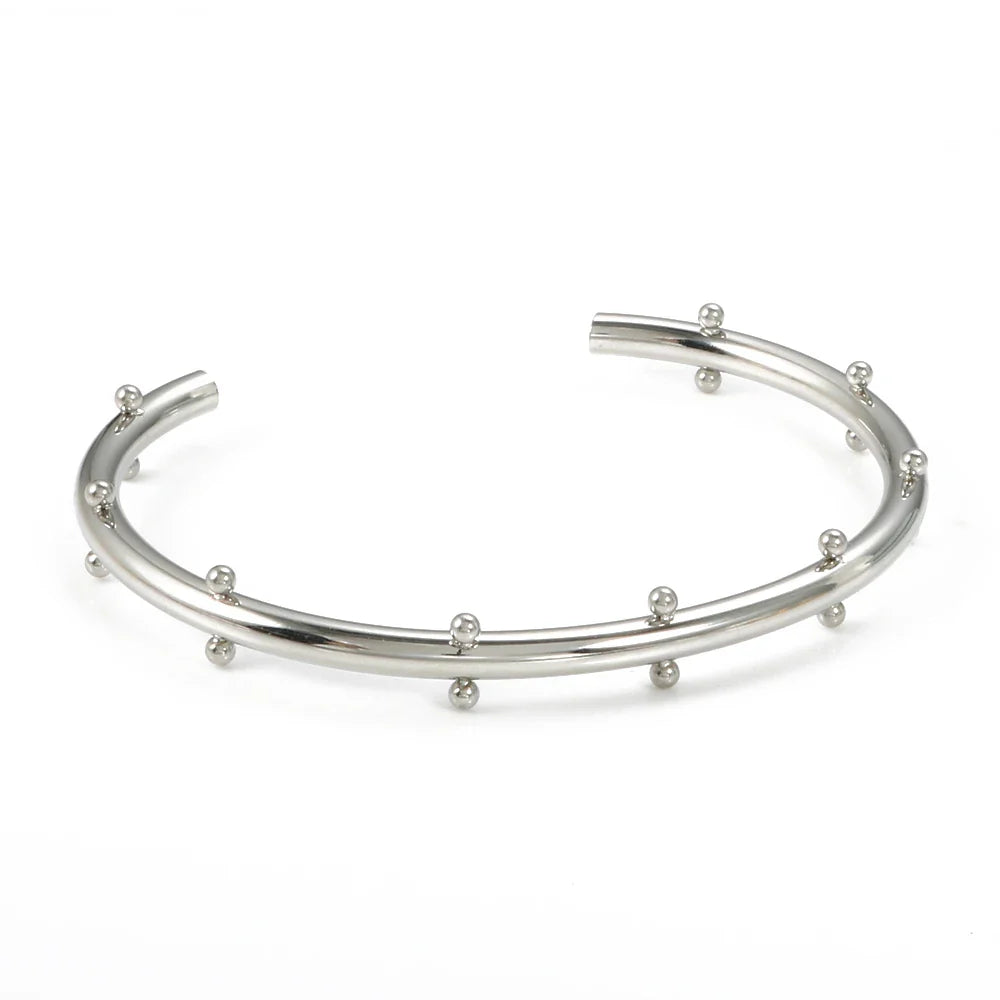 Set di gioielli di lusso Bracciale rigido in acciaio inossidabile Anello da dito Orecchini a cerchio con mini sfere per regali di gioielli di moda da donna