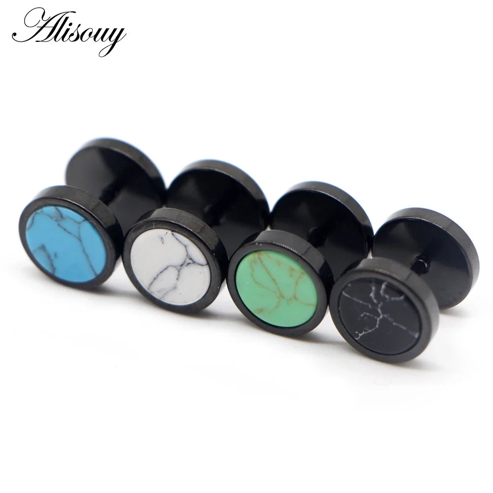 Alisouy 2 pz Acciaio Inossidabile Double Sided Rotondo Pietra Manubri Uomo Donna Vite Stud Bilanciere Orecchini Penetranti Spina per L'orecchio Finto