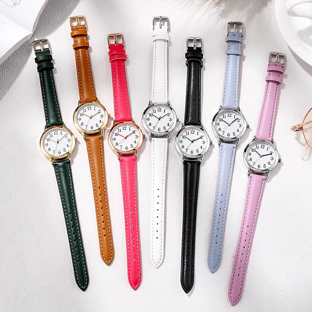 Orologio al quarzo da donna alla moda per il tempo libero, numeri arabi facili da leggere, quadrante semplice, cinturino in pelle PU, colore caramella