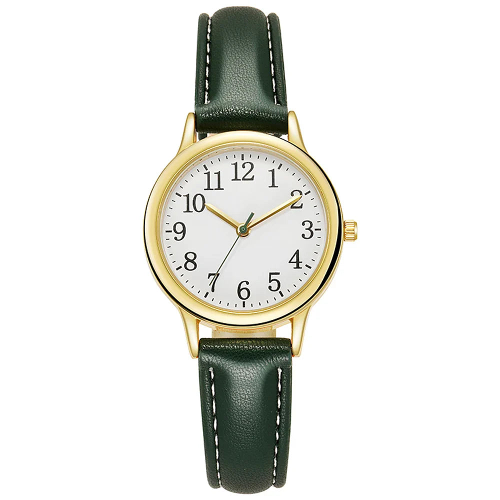 Orologio al quarzo da donna alla moda per il tempo libero, numeri arabi facili da leggere, quadrante semplice, cinturino in pelle PU, colore caramella