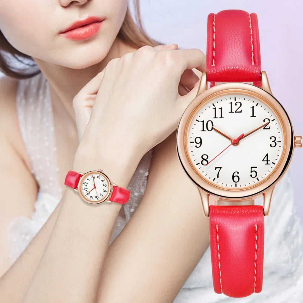 Orologio al quarzo da donna alla moda per il tempo libero, numeri arabi facili da leggere, quadrante semplice, cinturino in pelle PU, colore caramella