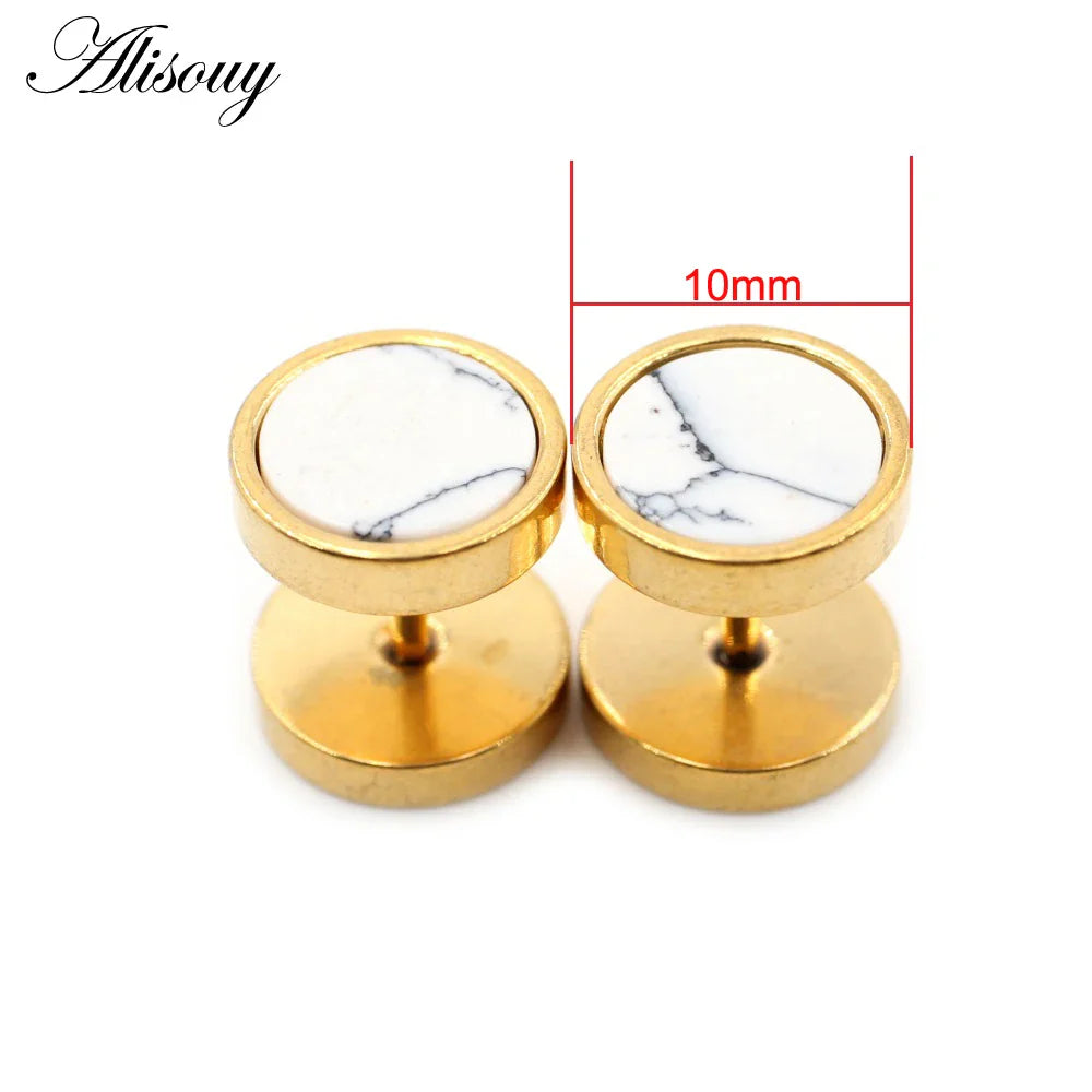 Alisouy 2 pz Acciaio Inossidabile Double Sided Rotondo Pietra Manubri Uomo Donna Vite Stud Bilanciere Orecchini Penetranti Spina per L'orecchio Finto