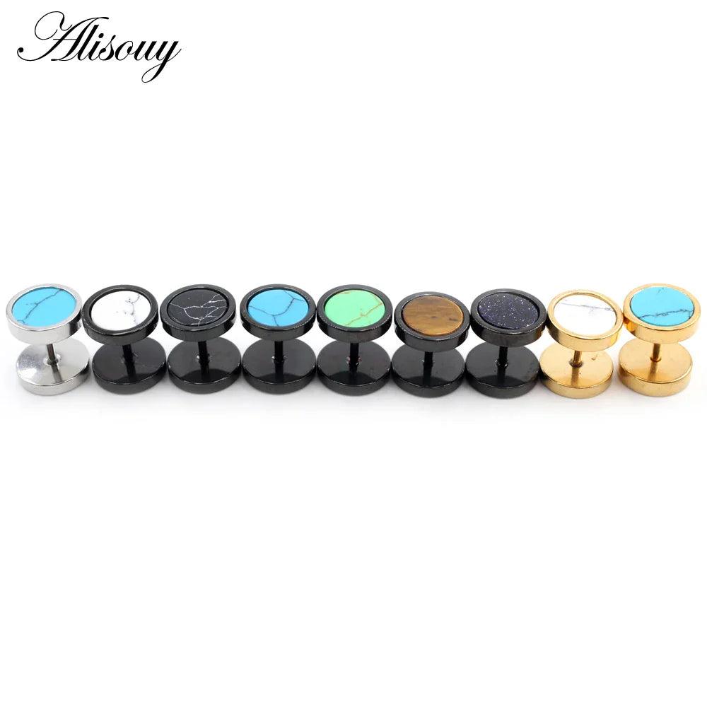 Alisouy 2 pz Acciaio Inossidabile Double Sided Rotondo Pietra Manubri Uomo Donna Vite Stud Bilanciere Orecchini Penetranti Spina per L'orecchio Finto