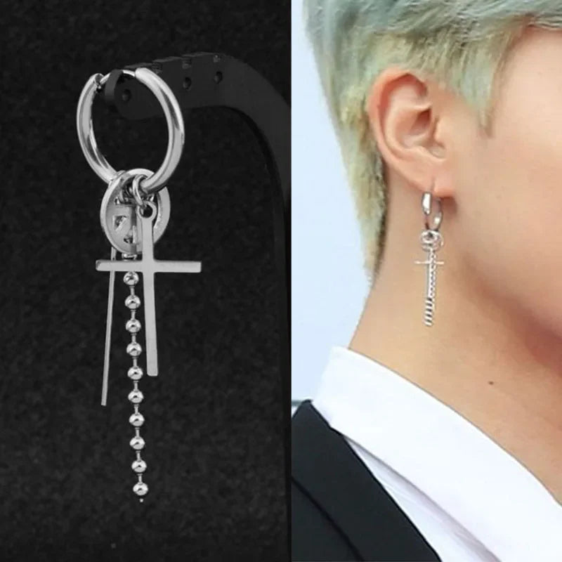 KPOP Orecchini coreani in acciaio inossidabile Donna Uomo Luna Piuma Catena Croce Orecchini punk geometrici Gioielli Hip Hop Unisex
