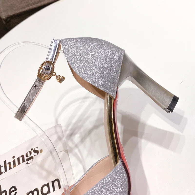 Bling Gold Silver Women Pumps 2023 Sexy Point Toe Thin Heel Party Wedding Shoes Womens Summer Ankle Strap 8cm High Heels Shoes