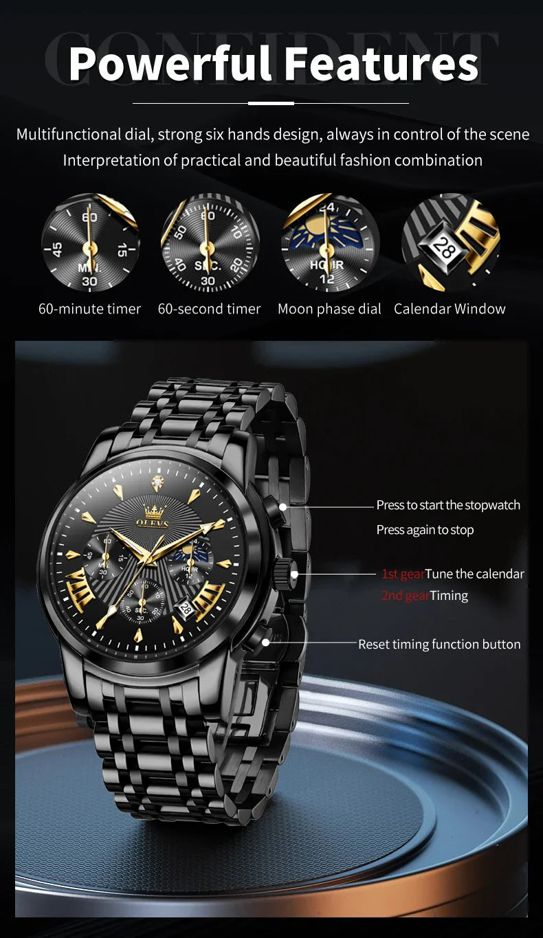 OLEVS Orologi al quarzo da uomo Orologi di marca in acciaio inossidabile Orologio sportivo impermeabile per uomo Cronografo con fasi lunari