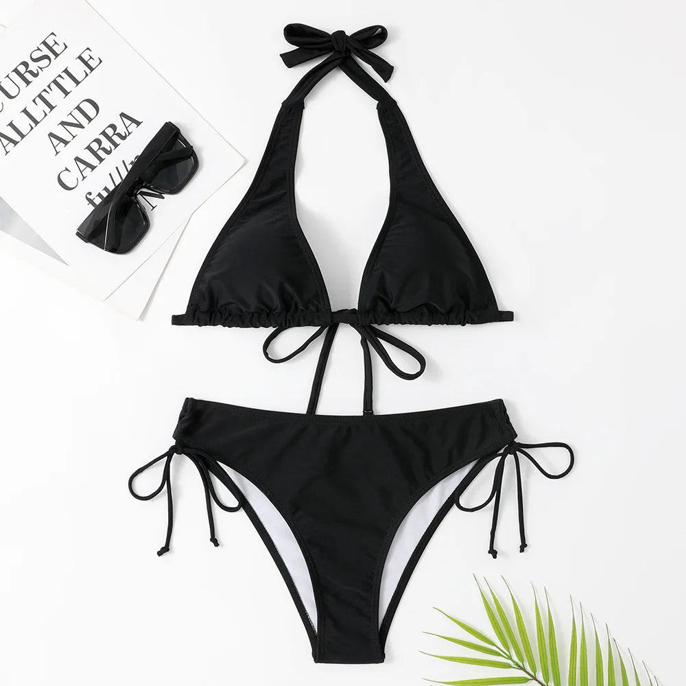 Costume da bagno bikini sexy con laccetti al collo a vita bassa nero/rosso/rosa, due pezzi, stile brasiliano, in saldo