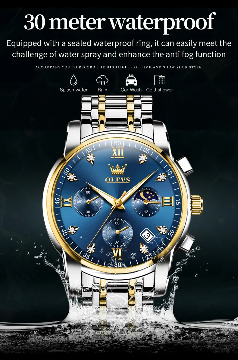 OLEVS 2858 Orologio da Uomo in Acciaio Inossidabile, Impermeabile, Antigraffio, con Fasi Lunari, Luminoso, Cronografo, Orologio da Polso al Quarzo di Lusso