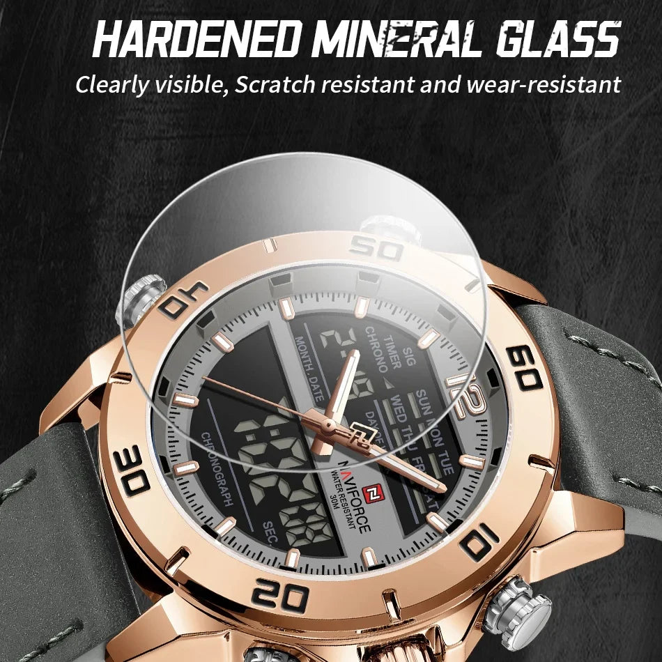 NAVIFORCE Orologio alla moda da uomo con cinturino in vera pelle Movimento al quarzo resistente all'acqua 30M Display luminoso con giorno e data F