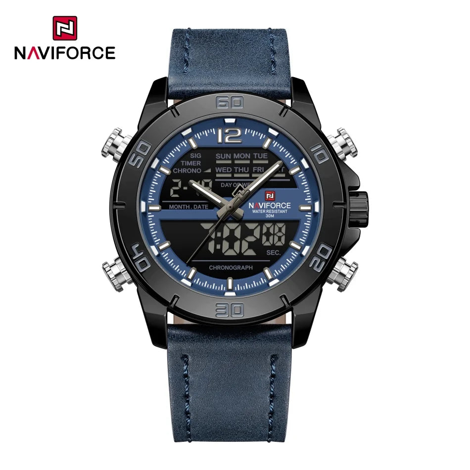 NAVIFORCE Orologio alla moda da uomo con cinturino in vera pelle Movimento al quarzo resistente all'acqua 30M Display luminoso con giorno e data F