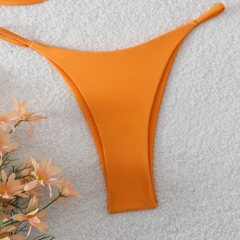 Costume da Bagno da Spiaggia alla Moda, Set Bikini a Perizoma per Donna, Sexy Costume da Bagno a Triangolo con Lacci, Due Pezzi, Stile Brasiliano, Tinta Unita