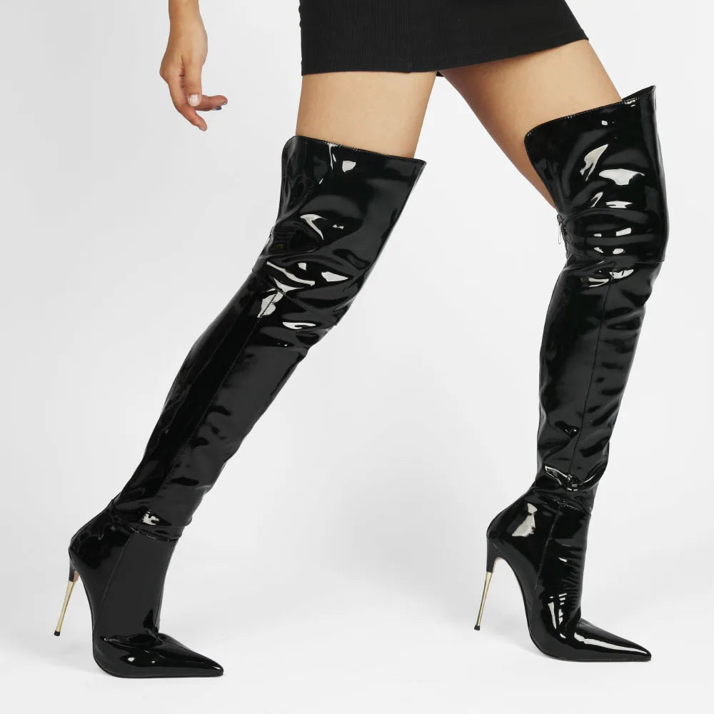 New Sexy Fashion Patent Leather Women Over Knee Boots Black White Long Boots Ladies Pointed Toe Classic High Heels Shoes Large