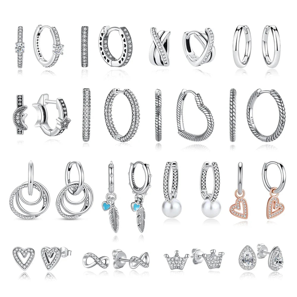 Orecchini Originali in Argento Sterling 925, Modello 2026, a Perno e a Cerchio con Cristalli, per Donna, in Oro Rosa, con Corona, Cuore, Infinito, Ape, Gioielli