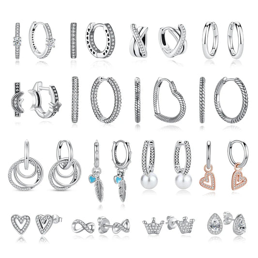 Orecchini Originali in Argento Sterling 925, Modello 2026, a Perno e a Cerchio con Cristalli, per Donna, in Oro Rosa, con Corona, Cuore, Infinito, Ape, Gioielli