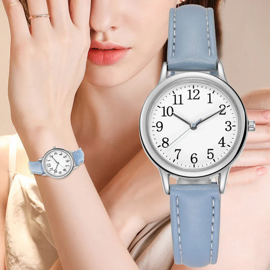 Orologio al quarzo da donna alla moda per il tempo libero, numeri arabi facili da leggere, quadrante semplice, cinturino in pelle PU, colore caramella