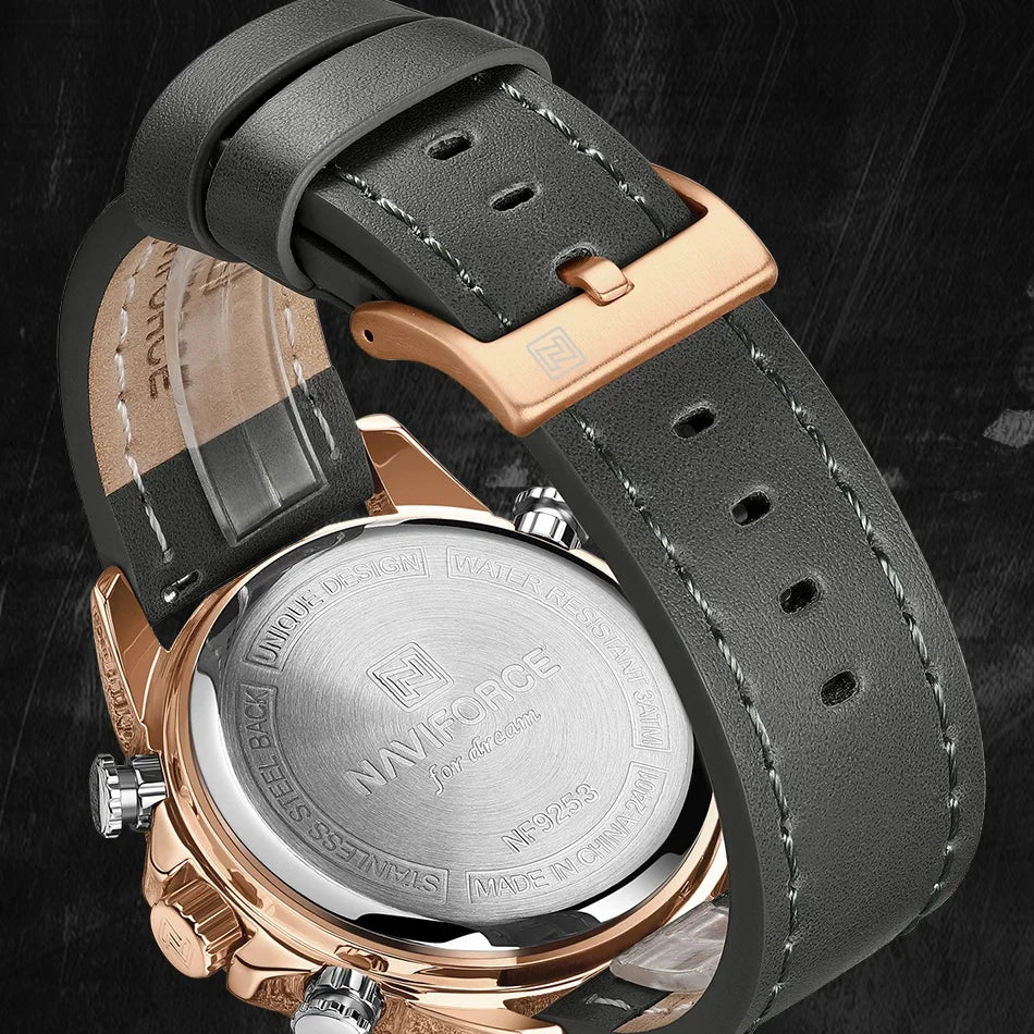 NAVIFORCE Orologio alla moda da uomo con cinturino in vera pelle Movimento al quarzo resistente all'acqua 30M Display luminoso con giorno e data F