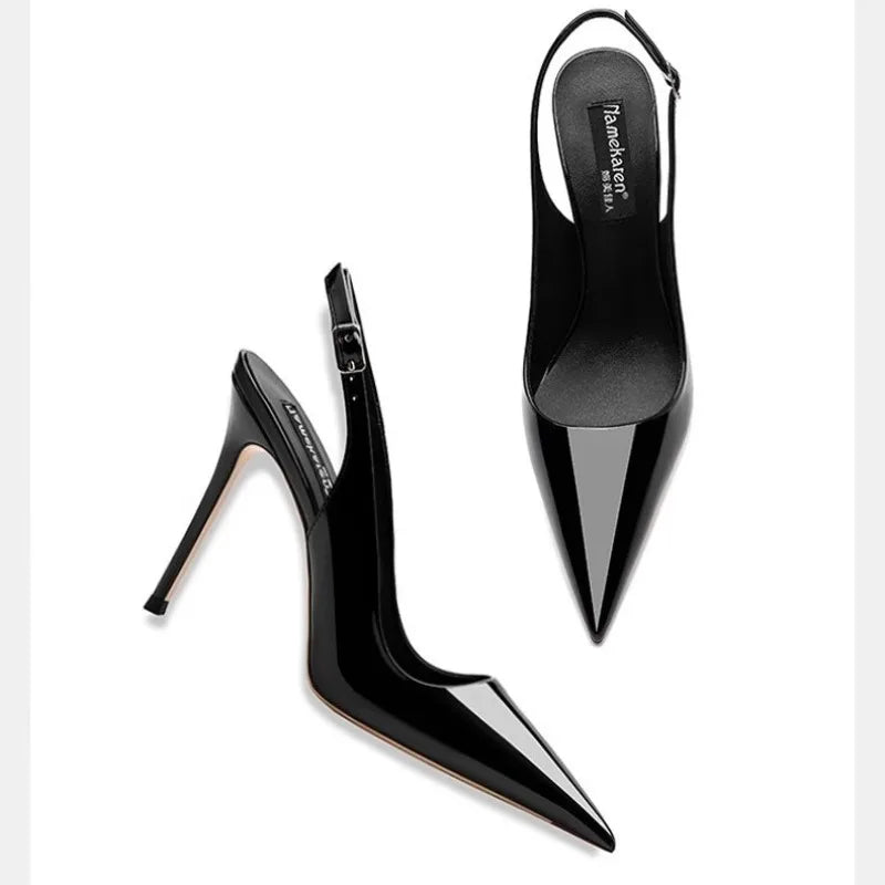 Sexy high-heeled sandals with pointed tips and elegant  summer patent leather strappy fashionable party women's shoes