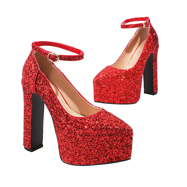 Ochanmeb Bling Bling Silver Gold Glitter Shoes Woman Ultra High Heels Platform Buckle Sequin Red Pumps Ladies Party Prom Wedding
