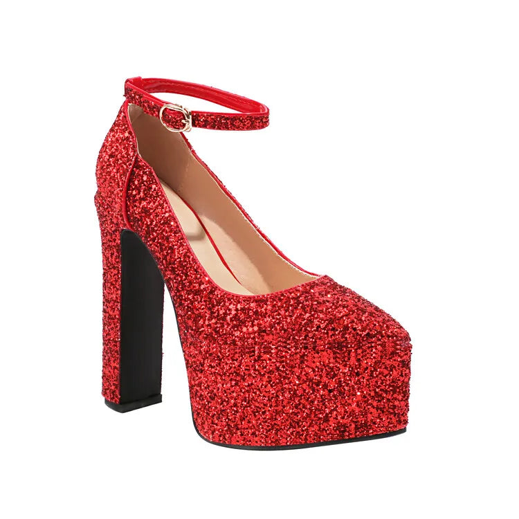 Ochanmeb Bling Bling Silver Gold Glitter Shoes Woman Ultra High Heels Platform Buckle Sequin Red Pumps Ladies Party Prom Wedding