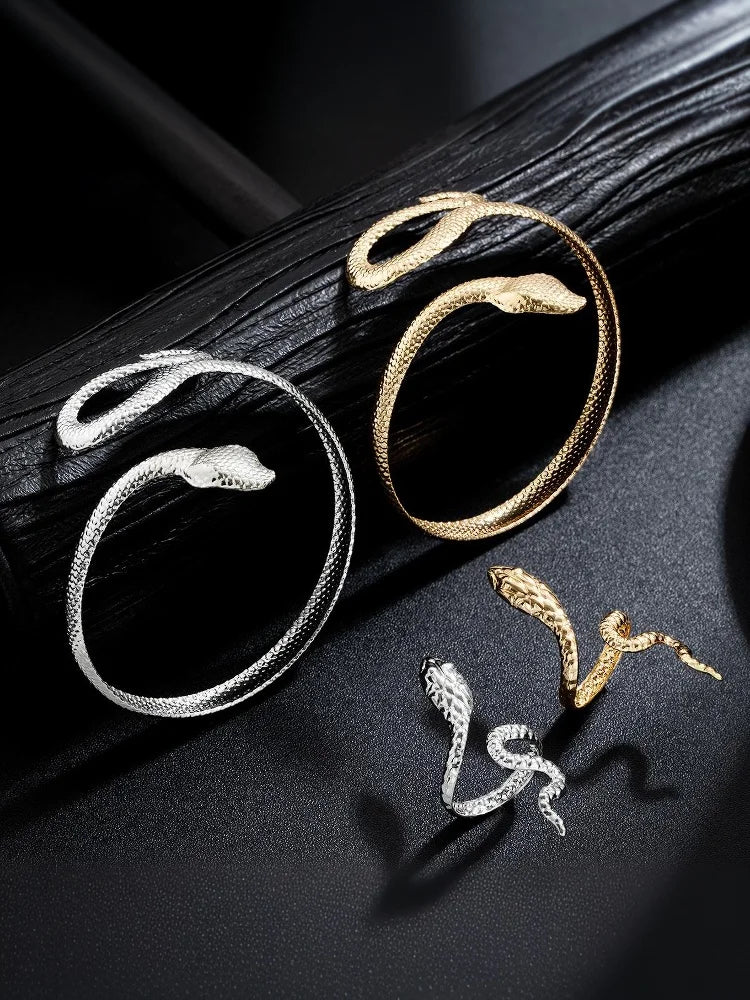 Offerta Speciale: Set di 2 Bracciali e Anelli a Forma di Serpente Punk, Bracciali Apribili a Spirale e Anelli per Dita, Gioielli per Mani Unisex